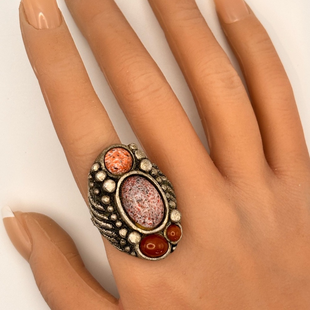 Rare Vintage-Style Boho Statement Ring | Adjustable | Pink & Carnelian - Picture 2 of 16